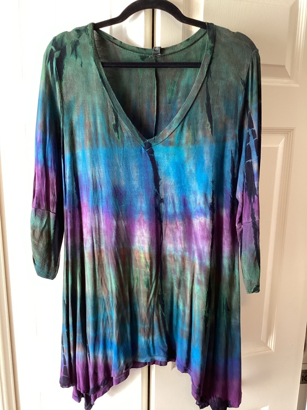 V-Neck Tie-Dye Swing Tunic Top - Blue Green Purple